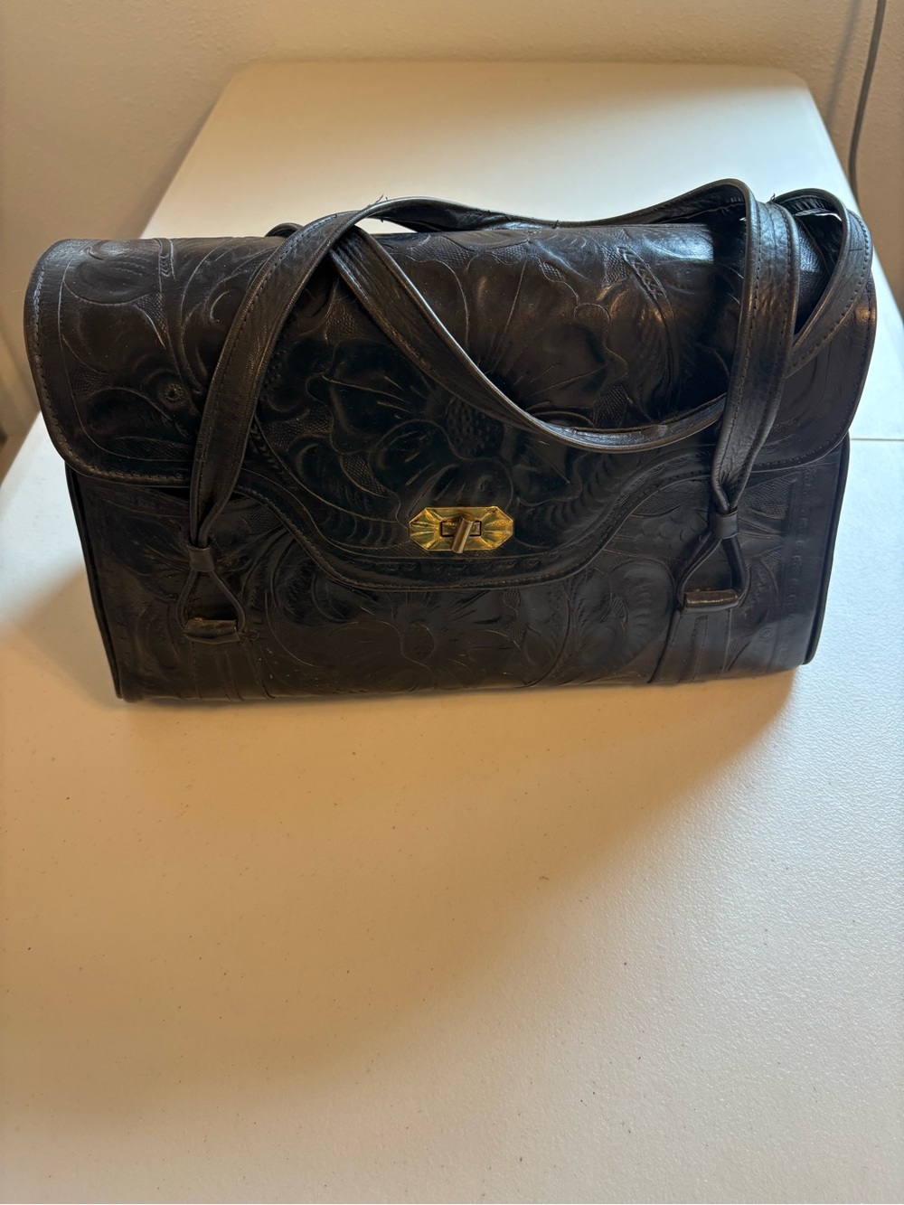 Avelar Black Floral Tooled Leather Satchel with Gold-Tone Turn Lock